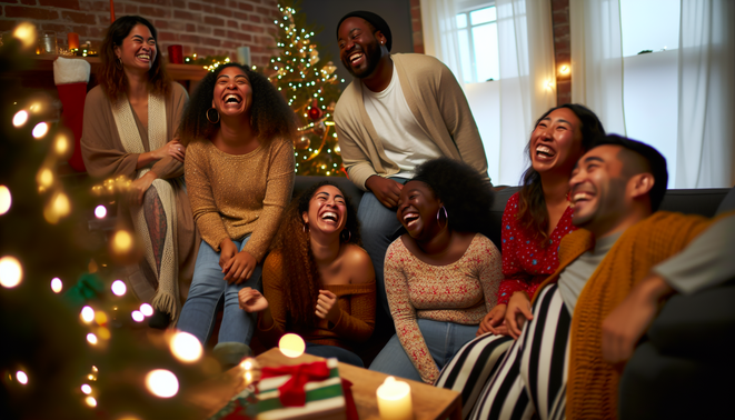 alt_text: Heartwarming holiday scene with diverse people sharing laughter, symbolizing emotional intelligence.