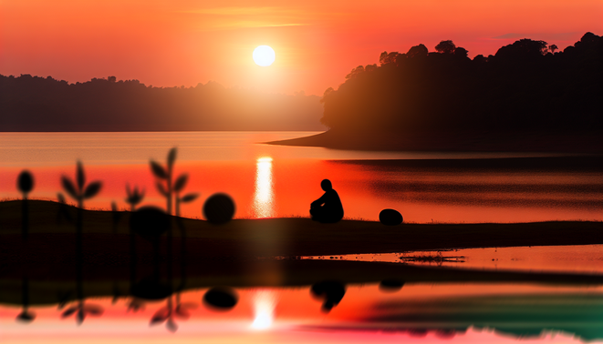 alt_text: A serene lakeside at sunset, featuring a reflective figure with symbols of introspection and discovery.