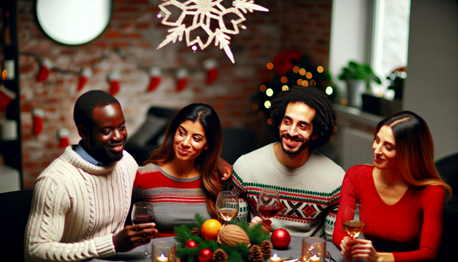 alt_text: Cozy holiday scene with diverse friends, a festive table, and warm decorations symbolizing connection.