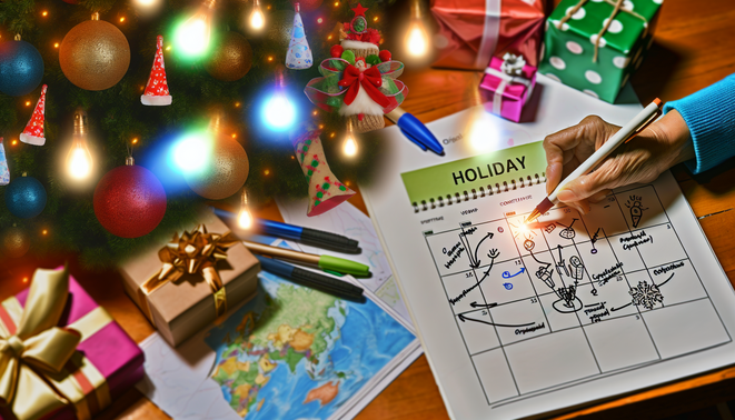 alt_text: "A festive scene blending holiday decor and planning elements, showcasing collaboration and cognitive traits."