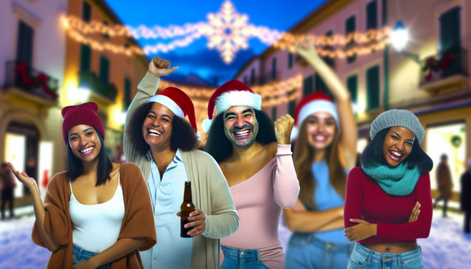 alt_text: A festive scene showcasing diverse people joyfully embracing their personality types this holiday season.