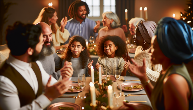 alt_text: Diverse family and friends joyfully gather at a festive table, embodying warmth and emotional intelligence.