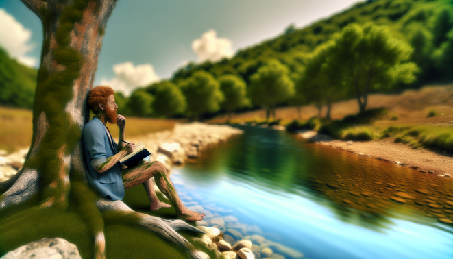 alt_text: A serene scene of self-reflection, featuring a figure writing in nature, symbolizing personal growth.
