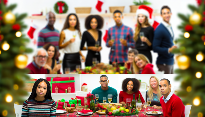 **alt_text:** A festive holiday scene with hints of chaos, showcasing family gatherings and subtle stress cues.