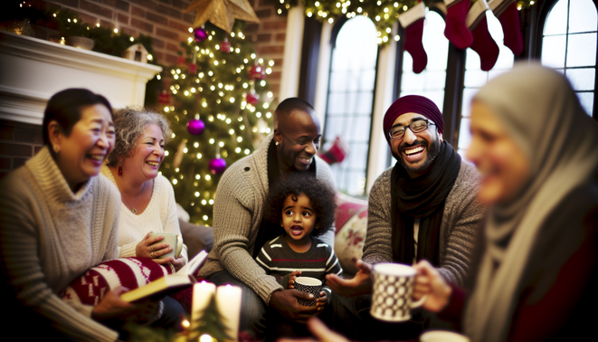 **alt_text:** Cozy holiday scene with diverse people joyfully connecting, decorated room, warm festive colors.