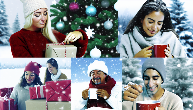 **alt_text:** Diverse people enjoy holiday activities in a serene winter scene, reflecting joy and contemplation.