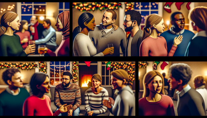 **alt_text:** Diverse people in a cozy holiday setting illustrate attachment styles impacting relationships.