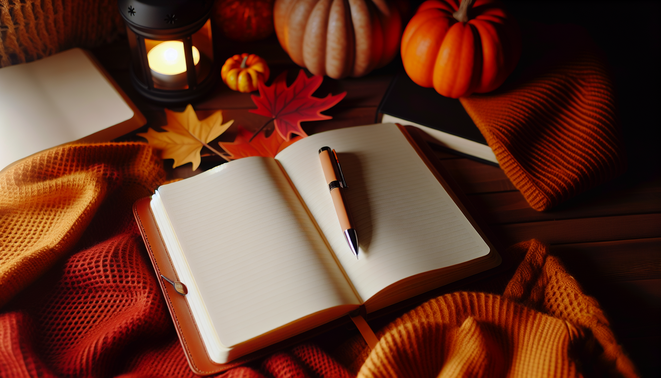 alt_text: A cozy autumn nook with a journal, pen, and decor, inviting self-discovery through reflective journaling.