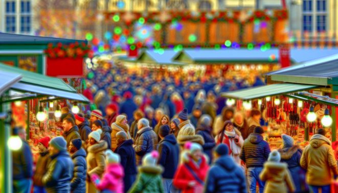 alt_text: A vibrant holiday market scene filled with diverse shoppers, festive lights, and joyful interactions.