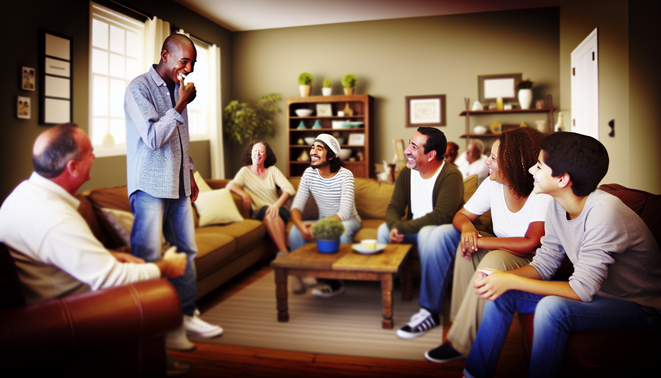 alt_text: A cozy living room with a diverse family engaged in conversation, highlighting love and connection.