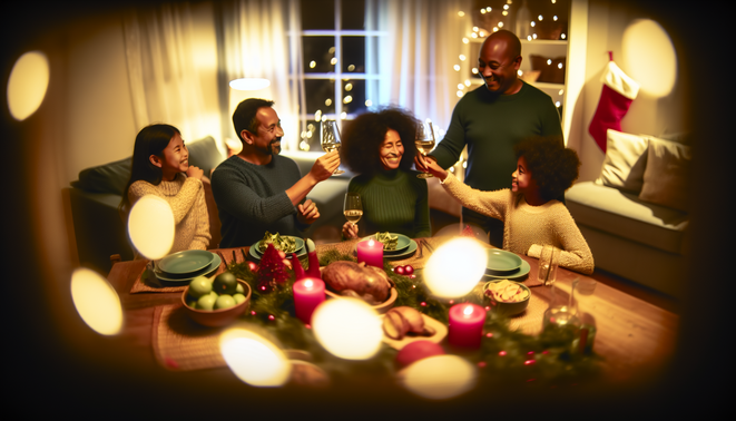 alt_text: A diverse family joyfully connects around a festive table in a cozy, warmly-lit holiday living room.