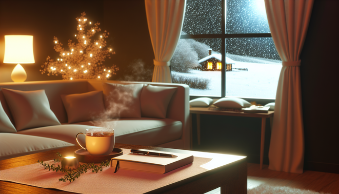 alt_text: A cozy living room with warm lighting, snow outside, tea, and a journal, exuding tranquility and comfort.