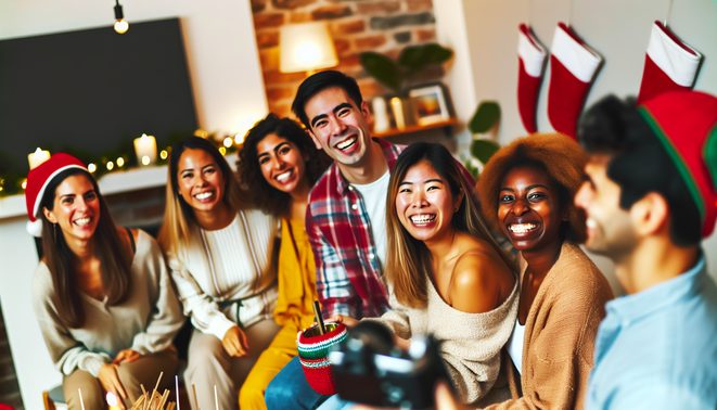 alt_text: Friends celebrate diverse holiday traditions in a cozy, festive living room, sharing joy and connection.