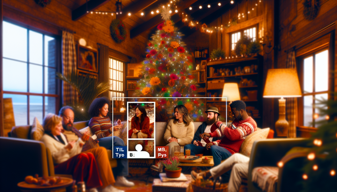 alt_text: Cozy living room with a Christmas tree, diverse individuals engaging in holiday activities by MBTI.