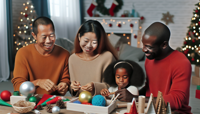 alt_text: A joyful family crafts holiday decorations together in a cozy, festively decorated living room.
