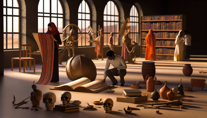 alt_text: A warm, inviting library scene with diverse artifacts, exploring identity through cultural archetypes.