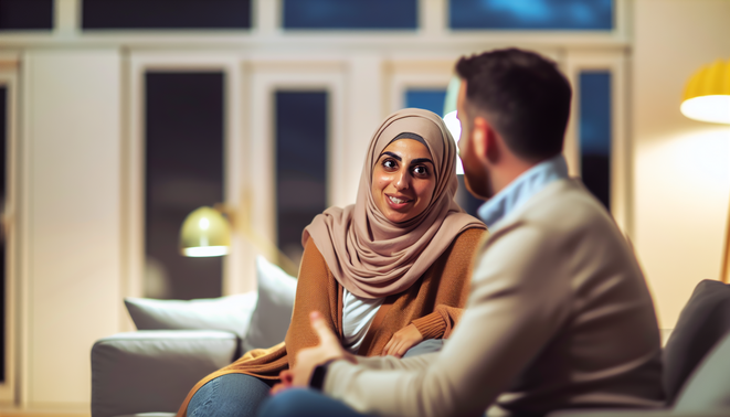 alt_text: A couple in a cozy living room, embodying emotional intelligence through warm conversation and connection.