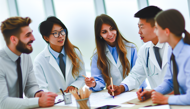 alt_text: Diverse professionals brainstorm in a bright, modern office, fostering creativity and collaboration.