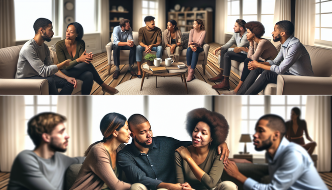 **alt_text:** A cozy living room with couples sharing deep conversations, showcasing the power of emotional intelligence.