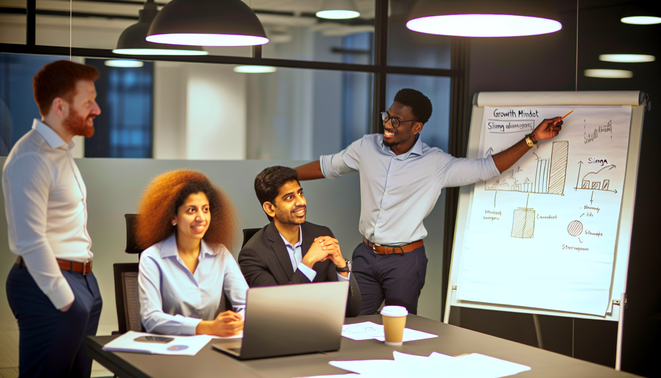 "Three diverse professionals share ideas in a bright office, embodying growth mindset and collaboration."