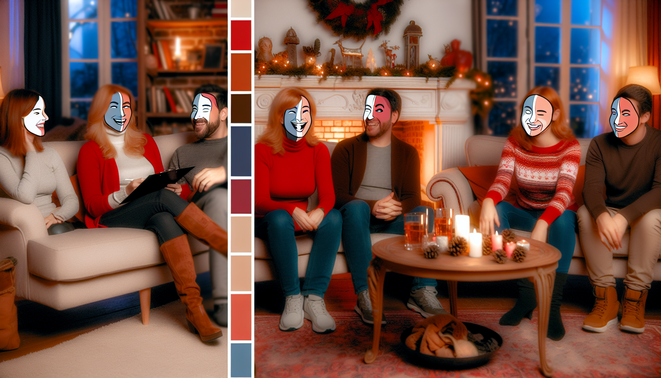 alt_text: Holiday gathering in a cozy living room, showcasing diverse MBTI personalities in joyful interactions.