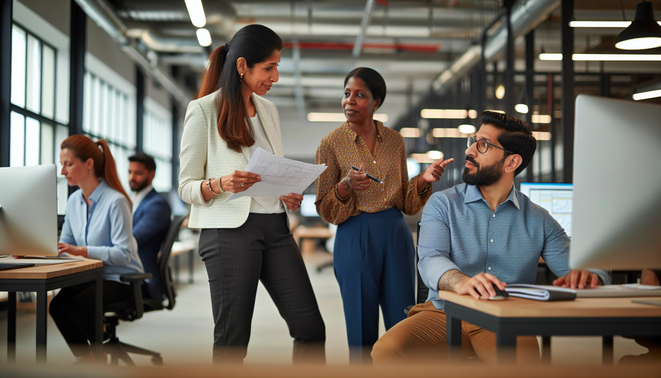 **alt_text:** Diverse professionals collaborate in a bright, open office, embodying social intelligence and teamwork.