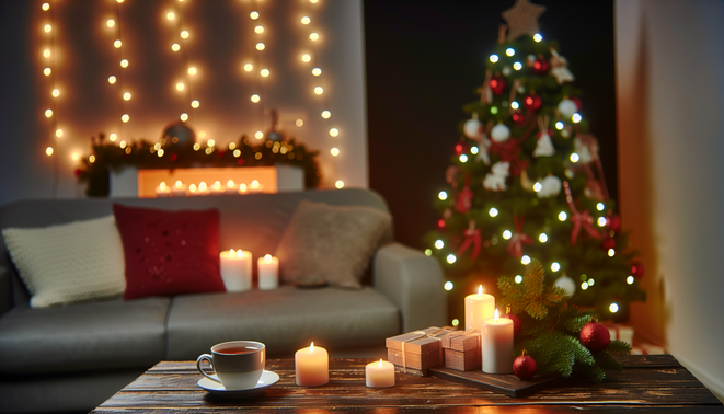 alt_text: A cozy holiday living room with a tree, candles, and tea, inviting warmth and reflection.