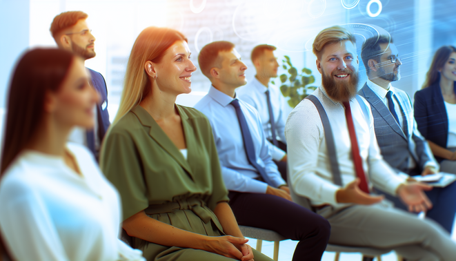 alt_text: Diverse professionals in a bright office discuss career alignment and purpose amidst inspiration.