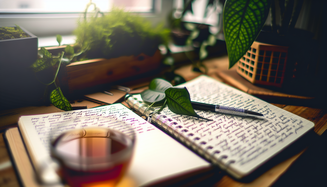 alt_text: A cozy workspace with an open journal, prompts, a pen, tea, and greenery, evoking self-discovery.