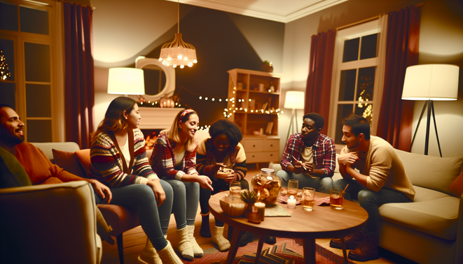 alt_text: Cozy living room with diverse friends, holiday decor, and warm vibes, highlighting coping with stress.