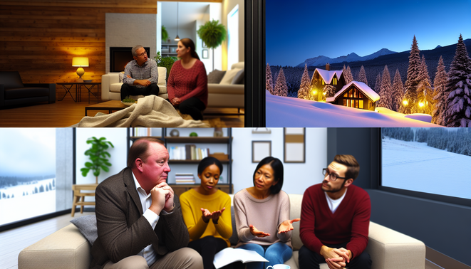 alt_text: Cozy living room with diverse people sharing holiday stress tips, warm light, snowy scene outside.