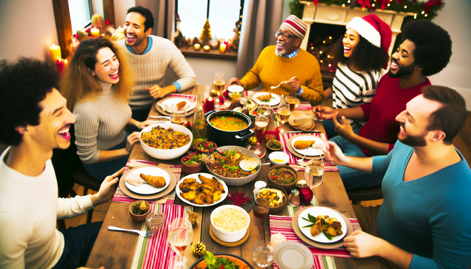 **alt_text:** A warm, multicultural holiday dinner with diverse dishes, laughter, and festive decorations.