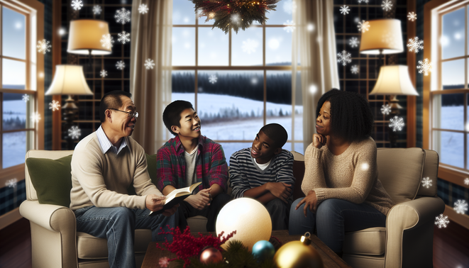 alt_text: A cozy holiday living room with a family discussing dreams, warm light, and a serene snowy backdrop.