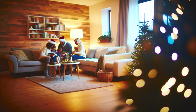 alt_text: A cozy holiday living room scene, showcasing family warmth and thoughtful interactions.