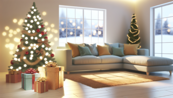 alt_text: Cozy living room with holiday gifts, snow outside, warm lighting, and festive decor.