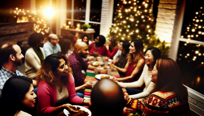 alt_text: Cozy holiday scene with diverse people connecting, showcasing emotional intelligence and inclusivity.