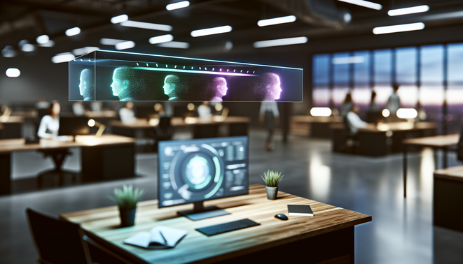 alt_text: A high-tech workspace with a glowing HUD, showing emotional states amid a tranquil holiday rush.