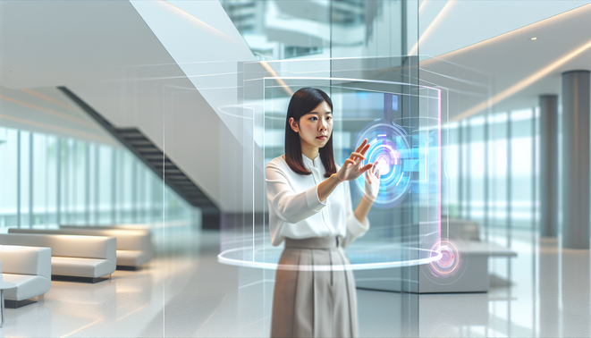 A young professional interacts with a holographic interface in a sleek, modern workspace.