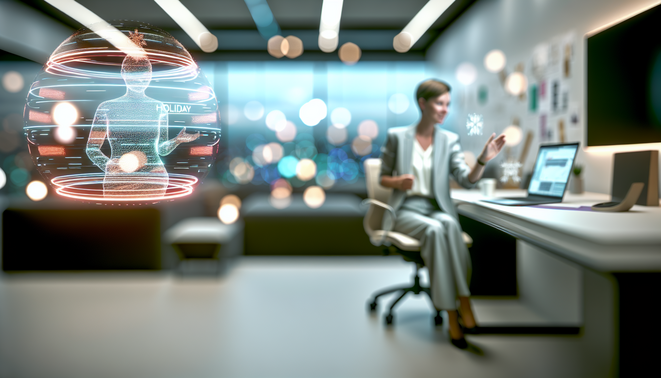 alt_text: A calm, gender-neutral professional engages with holographic tech in a modern office, managing holiday stress.