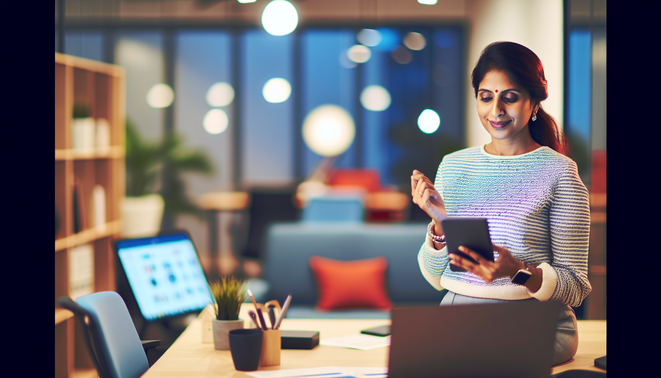 A professional engages with interactive tech in a sleek workspace, embodying emotional intelligence amid holiday stress.