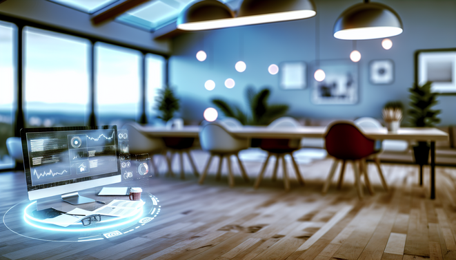 A modern, serene workspace blends tech and emotion, capturing holiday stress through holographic interaction.