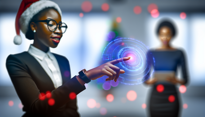 A tech-savvy professional engages with a holographic interface, balancing holiday stress and emotional intelligence.