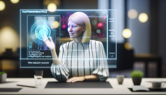 "Person interacting with holograms in a sleek workspace, showcasing emotional intelligence during holidays."