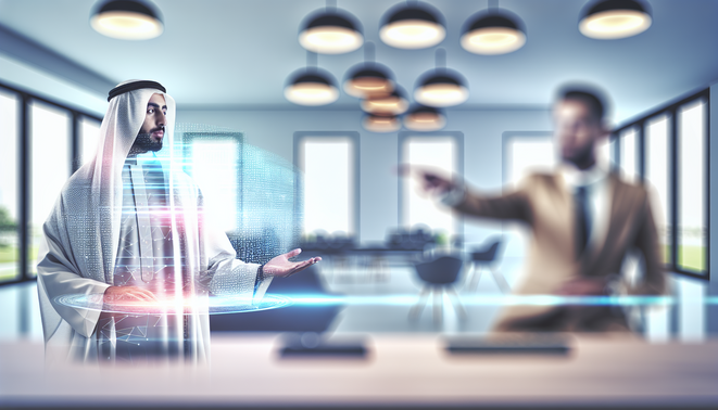 A calm professional engages with a holographic interface in a sleek, modern workspace, reflecting emotional intelligence.