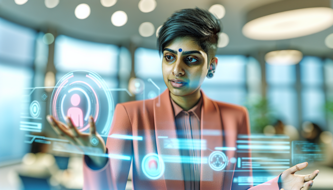 A calm individual engages with holograms in a sleek, modern workspace, embodying emotional intelligence amid holiday stress.