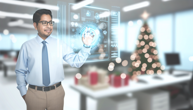 alt_text: A professional engages with a holographic interface, balancing tech and calm amidst holiday stress.