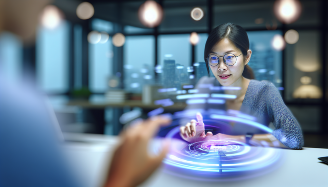 alt_text: A serene, modern workspace showing a focused individual interacting with a holographic interface.