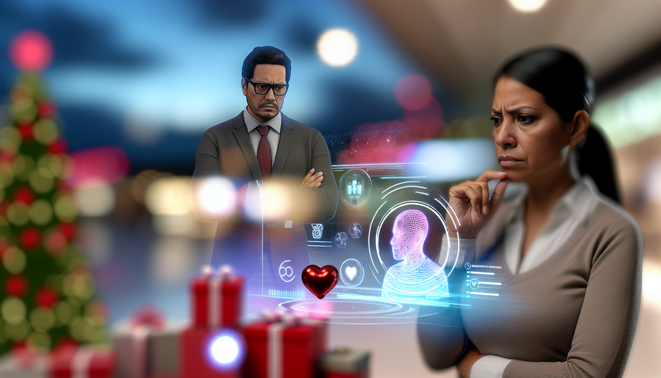 A focused professional interacts with a holographic interface, embodying calm during holiday stress.