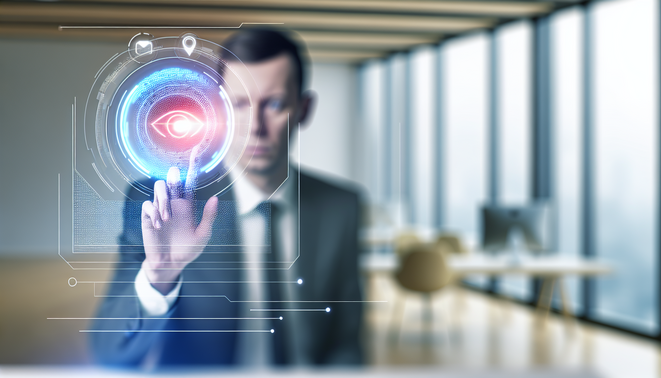 alt_text: A focused professional interacts with a holographic UI in a modern office, highlighting emotional intelligence.