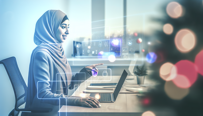 A sleek workspace features a focused professional engaging with a holographic interface amidst holiday stress.